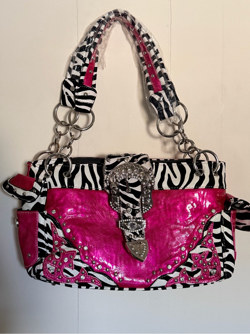 Pink Zebra Print Western Shoulder Bag Rhinestone Stud Buckle Conceal Carry Slot